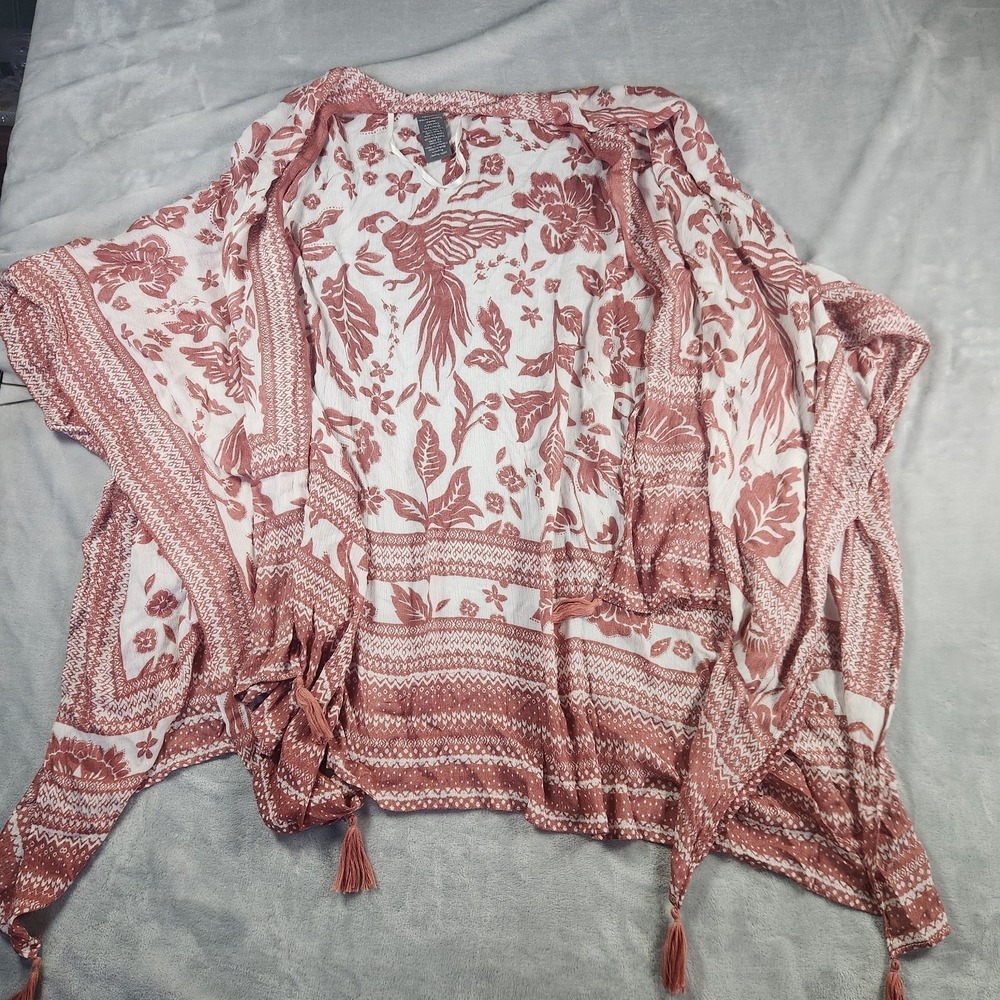 VINCE CAMUTO One Size Kimono‎ Handerchief Womens Cover Tassels Birds Red White